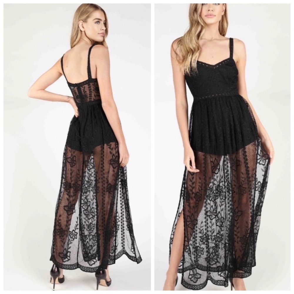 Black lace boho maxi dress rompers